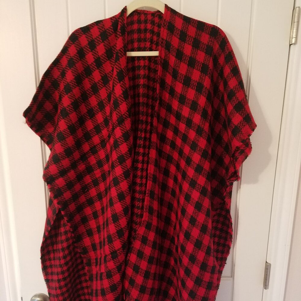 NWT Styline Fringe Poncho / Shawl Red Black Multi Size Buffalo Plaid
